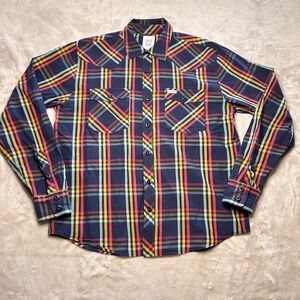 Topo Designs Mountain Shirt Plaid Button Up Navy Multicolor Mens L Outdoor Hike